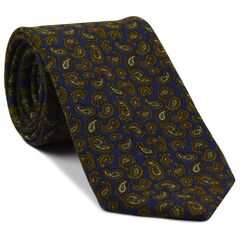 {[en]:Brown / Burnt Orange / Green & Off-White on Navy Blue Paisley Pattern Challis Wool Tie