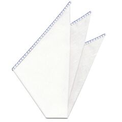 Belgian White Linen Pocket Squares with Blue Hand Sewn Decorative Flat Edges