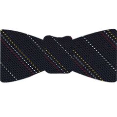 {[en]:Red, Yellow Gold & White On Midnight Blue Grenadine Fina Stripe Silk Bow Tie