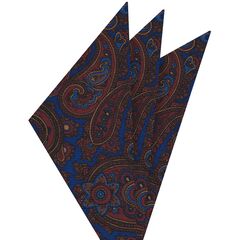{[en]:Red, Chocolate & Gold on Medium Blue Macclesfield Madder Printed Silk Pocket Square