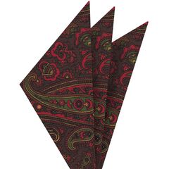 {[en]:Red, Green & Gold on Bitter Chocolate Macclesfield Madder Printed Silk Pocket Square