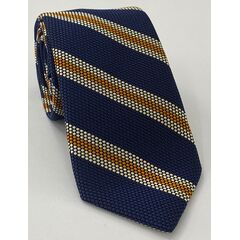 Off-White & Orange on Dark Navy Blue Grenadine Fina Triple Stripe Silk Tie GFSCT-4