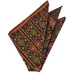 Red, Yellow, White & Green on Dark Brown Mudmee Silk Pocket Square #VPS-22