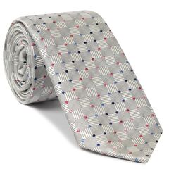Red, Light Blue, Blue, Navy Blue & Pink on Silver Gray English Dot Silk Tie #EDT-29