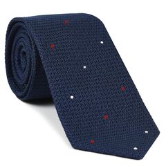 Soft Navy Blue Grenadine Grossa with White & Bright Red (1,7) - Hand Sewn Pin Dots Silk Tie #GGDT-11
