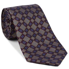 {[en]:Yellow-Gold, Blue, Navy Blue on Red-Violet Pattern Silk Tie