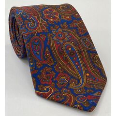 Red, Chocolate & Gold on Medium Blue Macclesfield Madder Printed Silk Tie MT-21