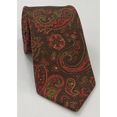 Red, Green & Gold on Bitter Chocolate Macclesfield Madder Printed Silk Tie MT-22