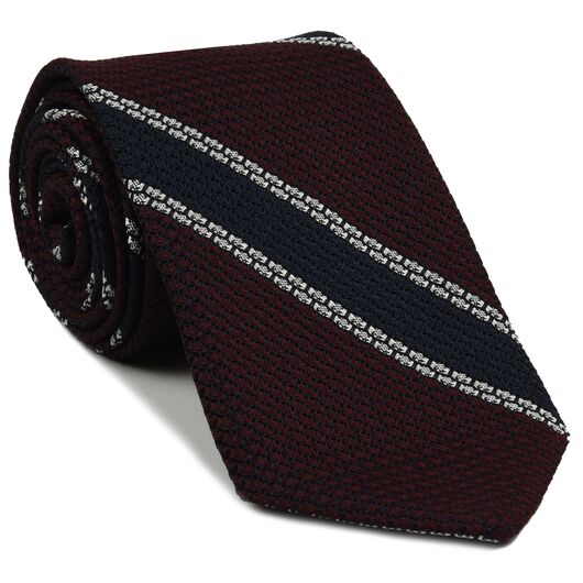 {[en]:Midnight Blue & White Stripe On Burgundy Grenadine Tie