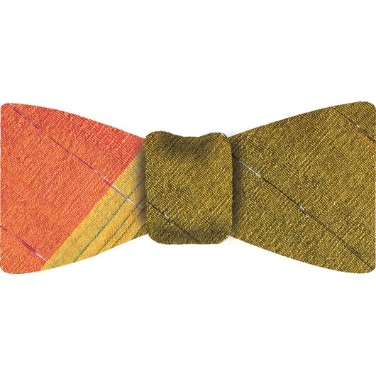 {[en]:Corn Yellow Stripe on Salmon and Dark Yellow With a Thin Metallic Silver Stripe Thai Rough Silk Tie