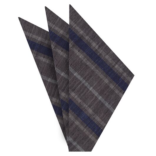 {[en]:Navy Blue & White on Charcoal Gray Striped Linen/Cotton Silk Pocket Square