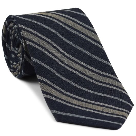 {[en]:Off-White & White on Midnight Blue Striped Linen/Cotton Silk Tie
