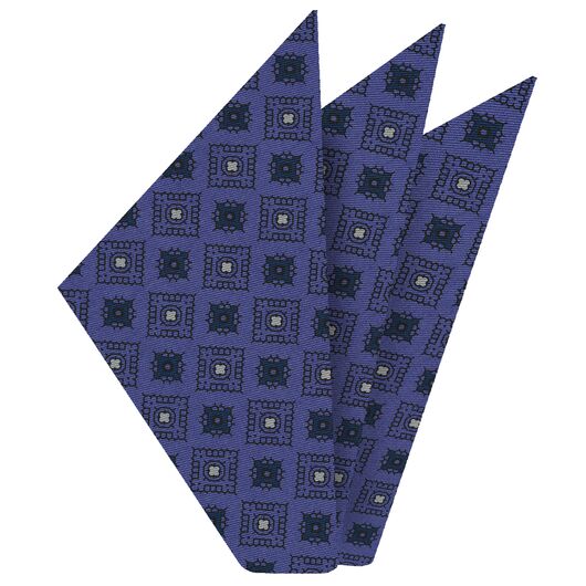 {[en]:Dark Blue, White & Black on Purple Blue Macclesfield Print Silk Pocket Square