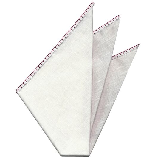 Belgian White Linen Pocket Squares with Burgundy Hand Sewn Decorative Flat Edges