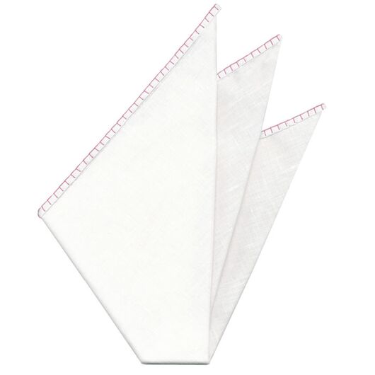 Belgian White Linen Pocket Squares with Pink Hand Sewn Decorative Flat Edges