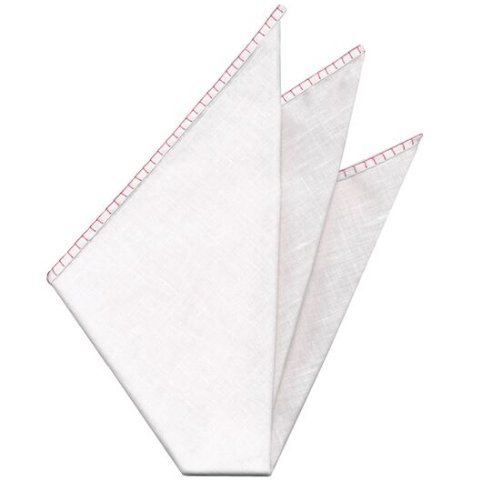Belgian White Linen Pocket Squares with Dark Pink Hand Sewn Decorative Flat Edges