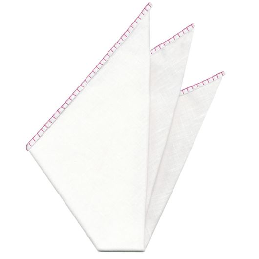 Belgian White Linen Pocket Squares with Fuchsia Hand Sewn Decorative Flat Edges