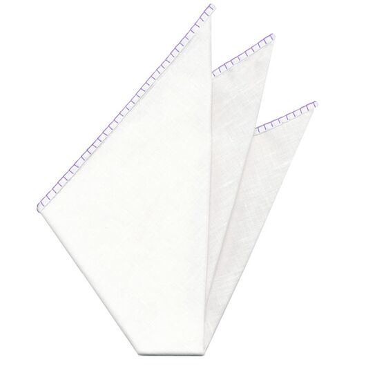 Belgian White Linen Pocket Squares with Lavender Hand Sewn Decorative Flat Edges