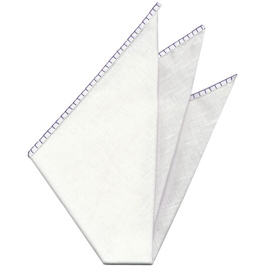 Belgian White Linen Pocket Squares with Purple Hand Sewn Decorative Flat Edges