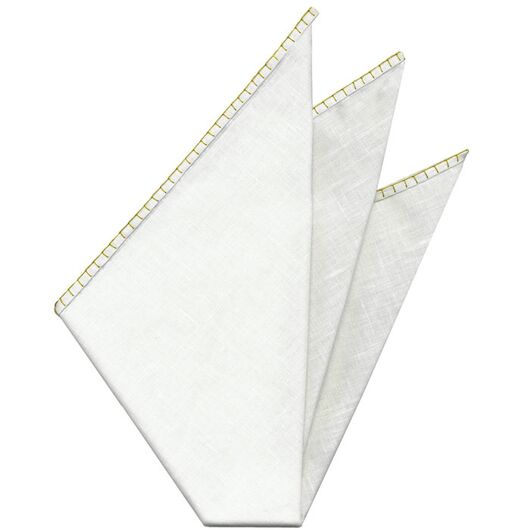 Belgian White Linen Pocket Squares with Yellow Hand Sewn Decorative Flat Edges