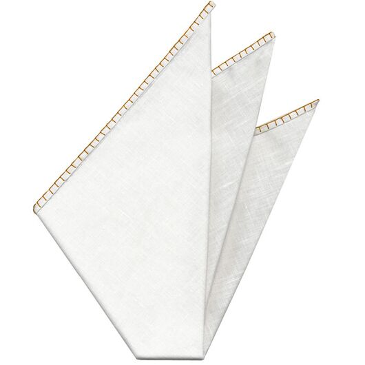 Belgian White Linen Pocket Squares with Orange Hand Sewn Decorative Flat Edges