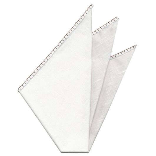 Belgian White Linen Pocket Squares with Brown Hand Sewn Decorative Flat Edges
