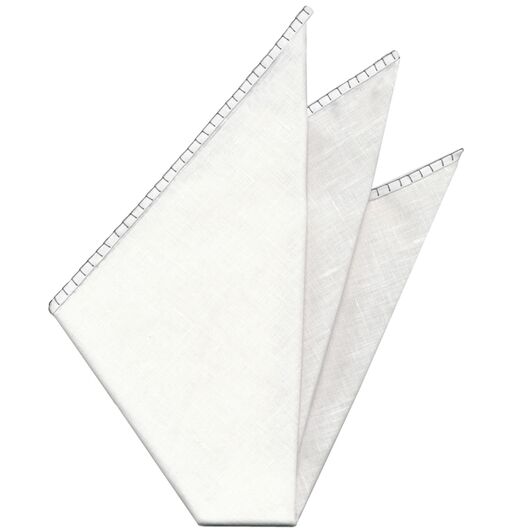 Belgian White Linen Pocket Squares with Silver Gray Hand Sewn Decorative Flat Edges