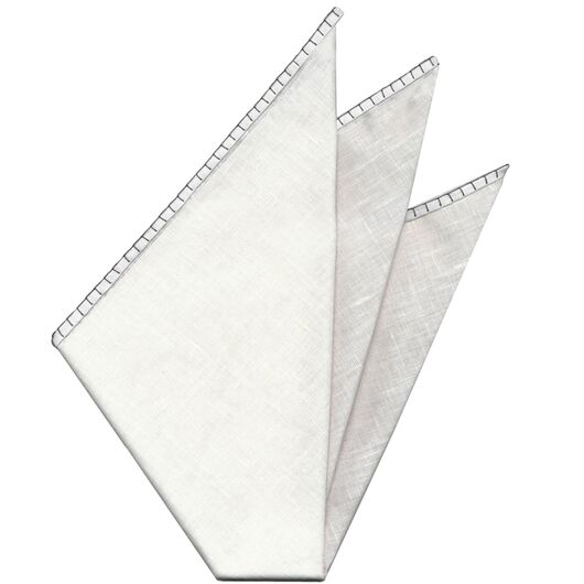 Belgian White Linen Pocket Squares with Charcoal Gray Hand Sewn Decorative Flat Edges