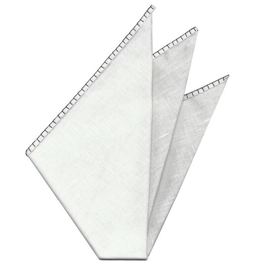 Belgian White Linen Pocket Squares with Black Hand Sewn Decorative Flat Edges