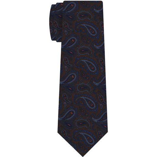 {[en]:Navy Blue, Fuchsia, Powder Blue, Sky Blue on Dark Chocolate Macclesfield Print Silk Tie