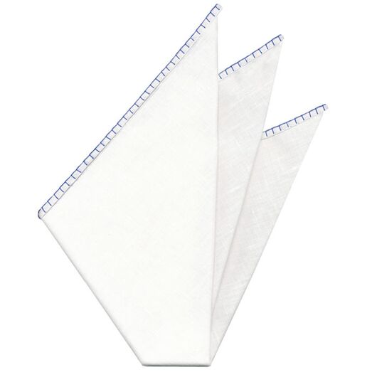 Belgian White Linen Pocket Squares with Blue Hand Sewn Decorative Flat Edges