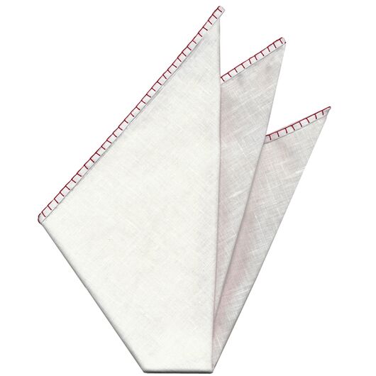 Belgian White Linen Pocket Squares with Red Hand Sewn Decorative Flat Edges