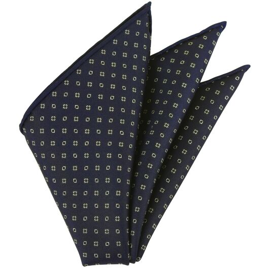 {[en]:Off-White on Midnight Blue  Macclesfield Printed Silk Pocket Square