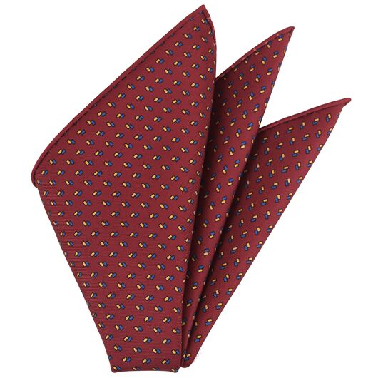 {[en]:Blue & Yellow on Red Macclesfield Printed Silk Pocket Square