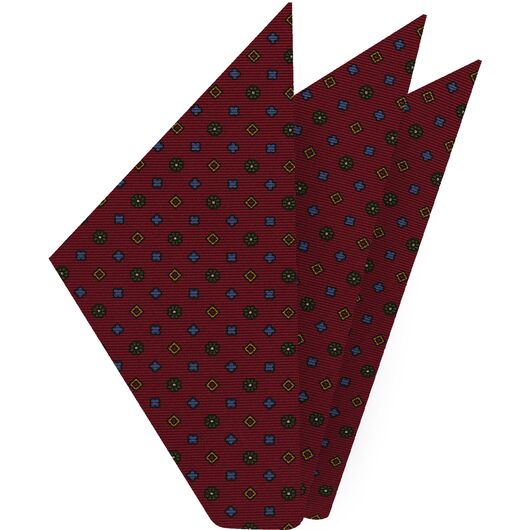 {[en]:Sky Blue, Yellow Gold, Olive Green & White on Dark Red Macclesfield Print Silk Pocket Square