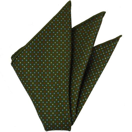 {[en]:Sky Blue, Red & White on Olive Green Macclesfield Print Silk Pocket Square