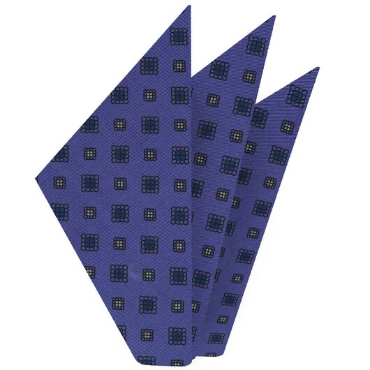 {[en]:Dark Blue, White & Black on Purple Blue Macclesfield Print Silk Pocket Square