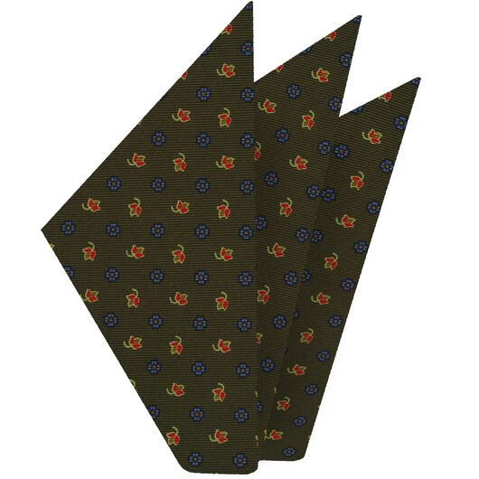 {[en]:Sky Blue, Red, Gold & Light Yellow on Olive Green Macclesfield Print Silk Pocket Square