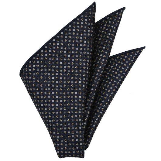 {[en]:Burnt Orange, Blue & Silver with a touch of Pink on Midnight Blue Macclesfield Print Silk Pocket Square