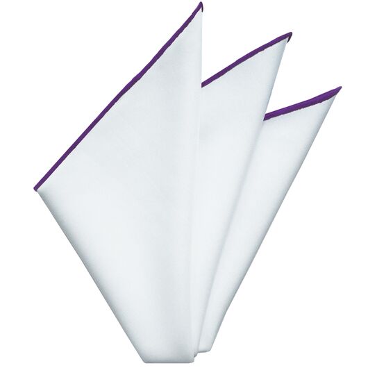 {[en]:Bright White Oxford Cotton With Purple Contrast Edges Pocket Square