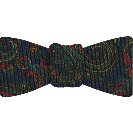 {[en]:Turquoise, Olive Green & Red on Navy Blue Macclesfield Madder Printed Silk Bow Tie