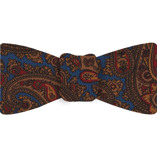 {[en]:Burnt Orange, Red & Dark Chocolate on Blue Macclesfield Madder Printed Silk Bow Tie