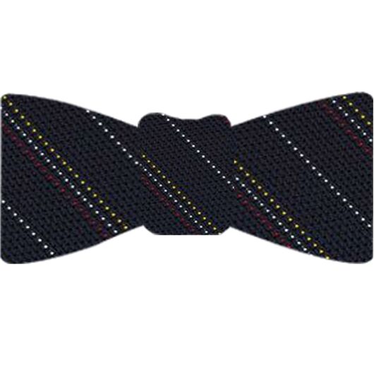 {[en]:Red, Yellow Gold & White On Midnight Blue Grenadine Fina Stripe Silk Bow Tie