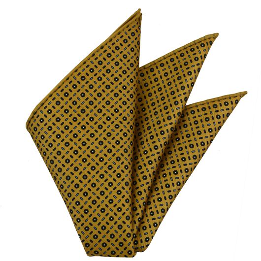 {[en]:Forest Green, Royal Blue, Sky Blue & White on Yellow Gold Macclesfield Print Silk Pocket Square