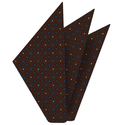 {[en]:Powder Blue, Off-White & Red on Chocolate Macclesfield Print Pattern Silk Pocket Square