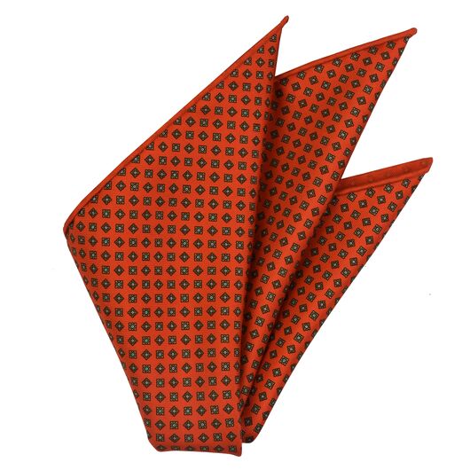 {[en]:Sage, Dark Gold & Off-White on Reddish Orange Macclesfield Print Pattern Silk Pocket Square