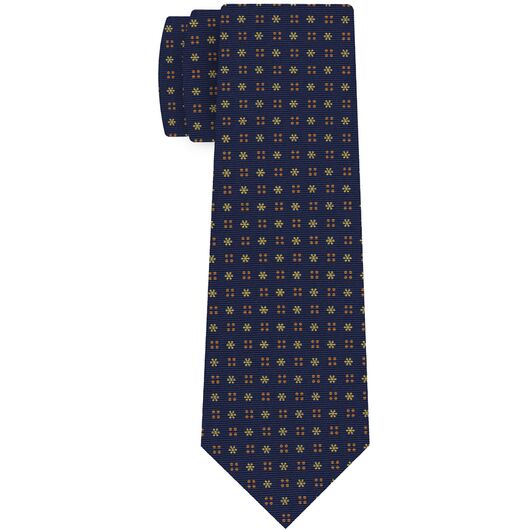 {[en]:Yellow Corn & Burnt Orange on Dark Navy Blue Macclesfield Print Pattern Silk Tie