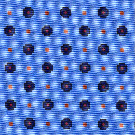 Midnight Blue, Red & Burnt Orange on Sky Blue Macclesfield Print Pattern Silk