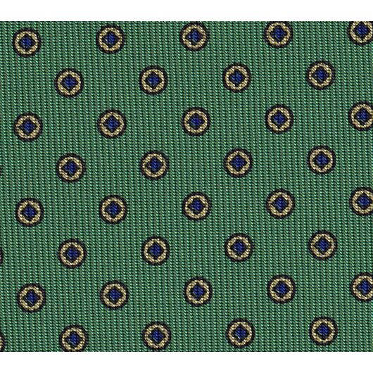 Blue, Black & Soft Gold on Clover Green Macclesfield Print Pattern Silk Pocket Square #MCP-479
