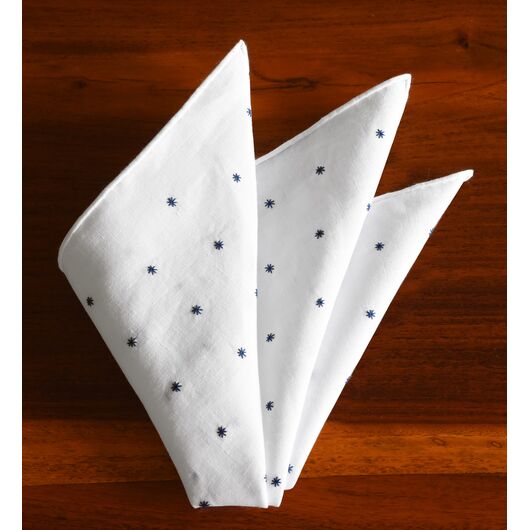 {[en]:Belgian White Linen With Navy Blue Embroidered Stars Pocket Square